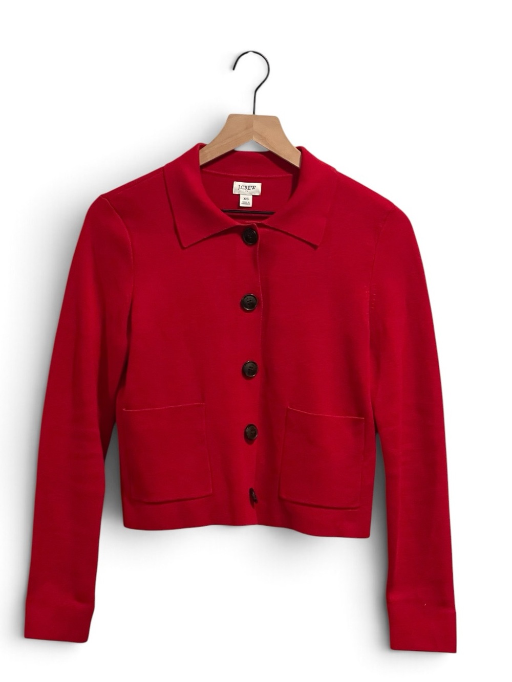 J. Crew Bright Red Cropped Button-Up Cotton Sweater Jacket, Collared, Size XS